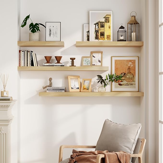 Solid Wood Floating Shelves For Wall, 48”W x 9”D x 1.56”H Large Wall Shelves for Living Room Bedroom Bathroom Kitchen Drcor Storage with Invisible Heavy-Duty Metal Bracket, Natural, Set of 1