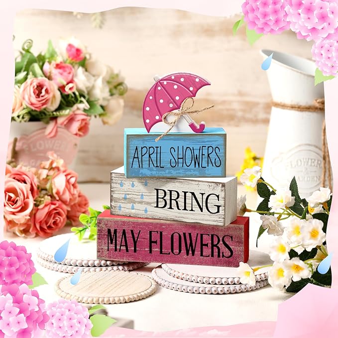 Moucuny 4 Pcs Spring Summer Decorations for Home Wooden Umbrella Tiered Tray Decorations Summer Centerpieces for Tables Farmhouse Decorative Umbrella Faux Stack Block Sign for Home Shelf Decor