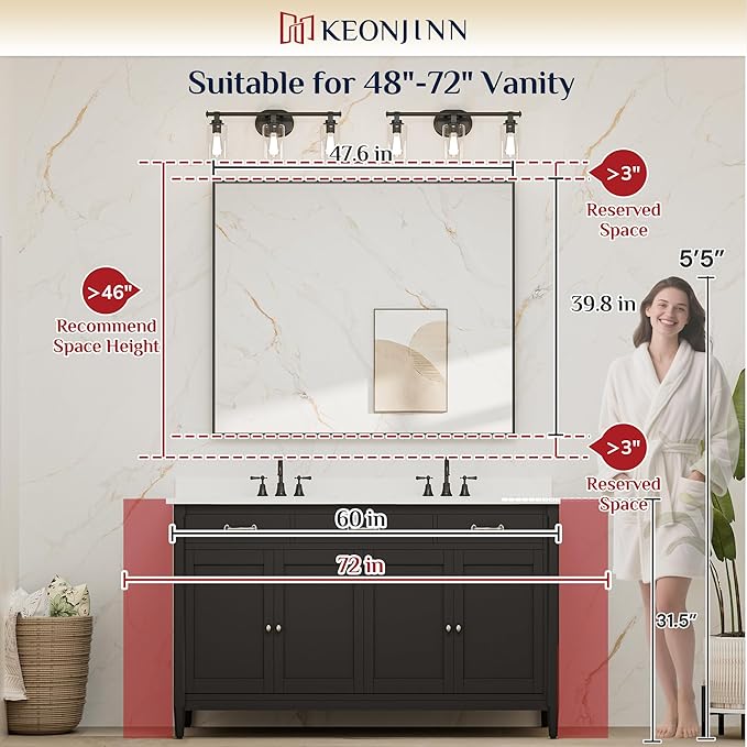 Keonjinn Large Black Bathroom Mirror 48 x 40 Inch, Bathroom Vanity Mirror for Wall, Oversized Metal Framed Mirrors for Over Sink, Rectangle Square Corner Framed Farmhouse Mirrors(Horizontal/Vertical)