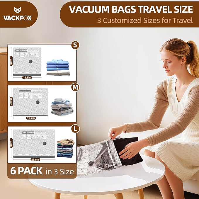 Travel Vacuum Storage Bags, 6 Pack Carry-On Size for Luggage and Suitcase, Vacuum for Bags Storage, Space Saver for Clothes & Clothing - 80% Space Saver（No pump）