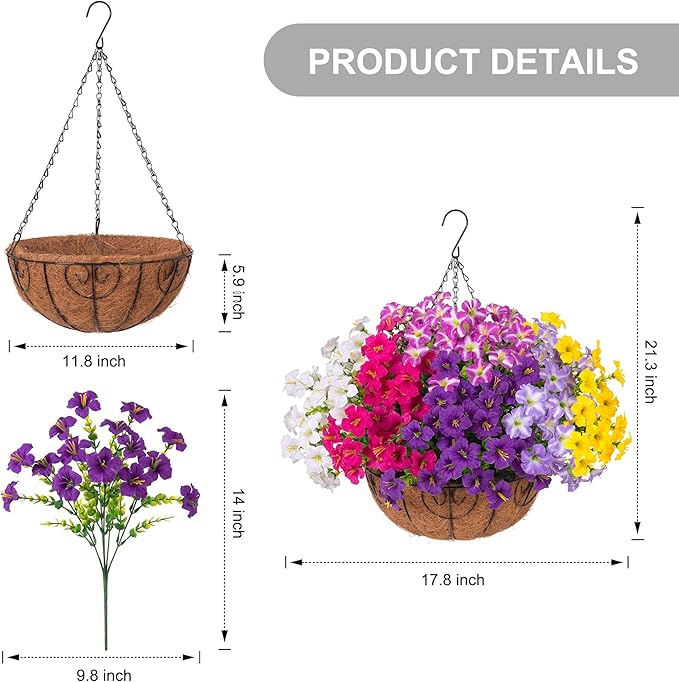 INSPRING Artificial Outdoor Flowers Hanging Baskets Faux Plants Spring Decoration, UV Resistant Fake Silk Morning Glory in Planter Look Real Petunias for Outside Patio Porch Balcony Garden Home, 6Mix
