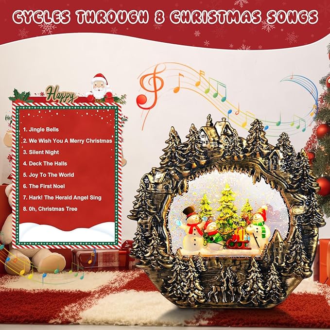 Christmas Snow Globe Lantern Water Glittering Lantern with Snowman 8 Music Songs & 6H Timer Christmas Snow Globes USB & Battery Operated for Christmas Festival Decorations Gifts (Bridge-Snowman)