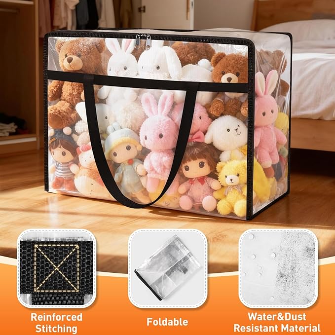 Clear Under Bed Storage Containers - 6 Pack Large Capacity Clothes Storage Bags with Lid & Sturdy Handles, Foldable Moving Bags, Clothing Organizer Totes for Bedding, Comforter, Sheet（60 L）