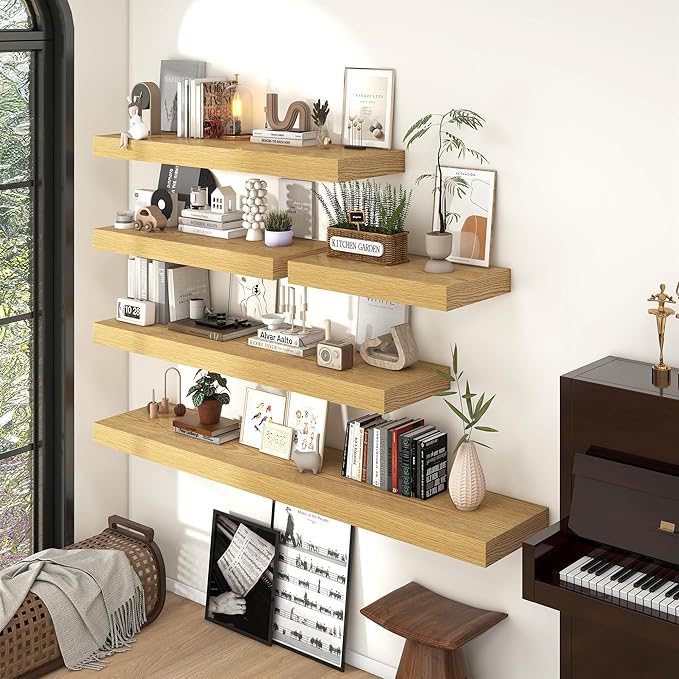 FLYJOE 24 Inch Long Floating Shelves for Wall Set of 1, 12" D Wood Grain Bathroom Shelves with Invisible Brackets, Easy Install Engineered Wood Storage Shelves for Kitchen, Living Room, Bedroom