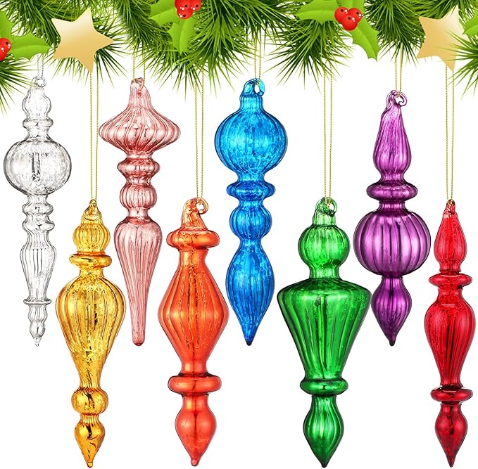 Mifoci 8 Pcs 6 Inch Mercury Glass Finial Christmas Ornaments Hanging Christmas Finials Glass Ornaments Assorted Mercury Decor for Vintage Holiday Xmas Tree Decoration(Mixed Color)