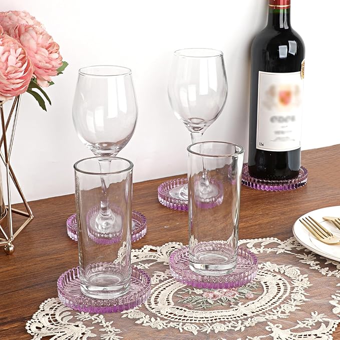 Modern Clear Coaster Set of 5- Glass Coasters for Drinks Crystal Coaster Round Cup Coasters Coffee Table Decor for Office, Kitchen, Bar, Dining Room, Living Room, Patio(Clear Purple)