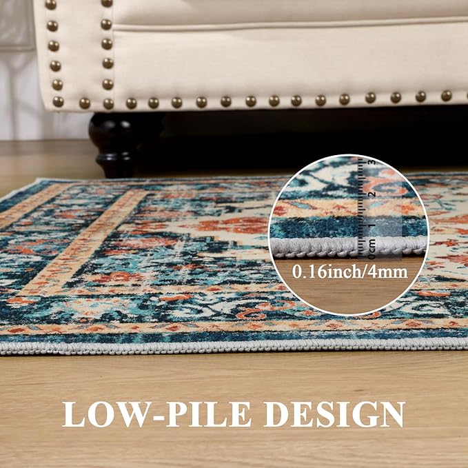 U'Artlines Boho Vintage Area Rug 6x9 Machine Washable Low Pile Soft Floor Carpet Non Slip Non Shedding Accent Rug for Living Room Bedroom Entryway Dining Room Office Orange/Multi
