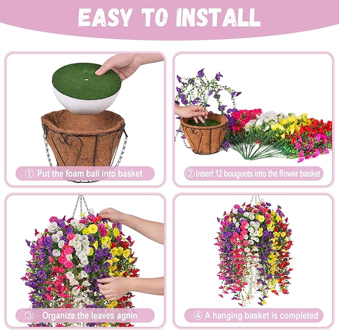 Artificial Flowers with Hanging Basket, Outdoor Faux Plants Silk Morning Glory Vines, Fake Petunias for Garden Patio Spring Summer Decor, Mixed Color