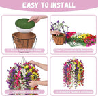 Artificial Flowers with Hanging Basket, Outdoor Faux Plants Silk Morning Glory Vines, Fake Petunias for Garden Patio Spring Summer Decor, Mixed Color
