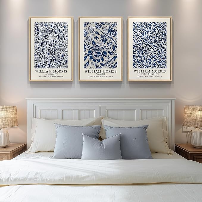 Framed Large William Morris Wall Art Set of 3, Vintage Blue Botanical Floral Canvas Wall Decor Painting, Farmhouse Aesthetic Artwork Prints for Living Room, Bedroom, Hallway, Office, Total Size 30x60