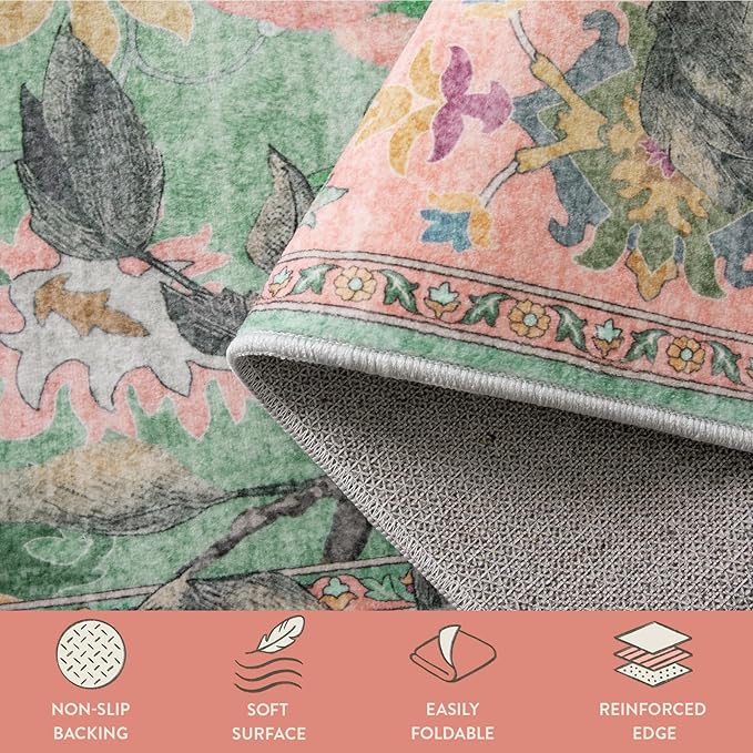 Lahome Botanical Birds Washable 3x5 Pink Living Room Bathroom Rugs for Entryway, Vintage Soft Non Slip Indoor Throw Carpet for Nursery Bedroom Classroom