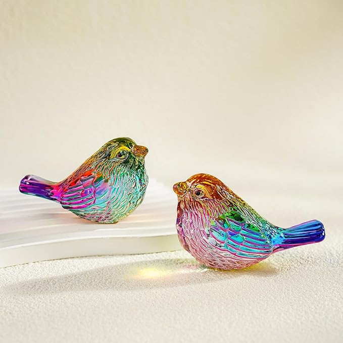 H&D HYALINE & DORA Set of 2 Crystal Birds Figurine Bird Gifts for Women Men Bird Lovers Handmade Glass Animal Figurines for Home Shelf Decor (Multicolor)