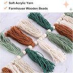 MECCANIXITY Bohemian Yarn Tassel Garland with Wood Beads,3.9Ft Green Brown Cream Beige Forest Wall Hanging Tassels Banner Western Room Decor for Bedroom Office Nursery Party Decorations