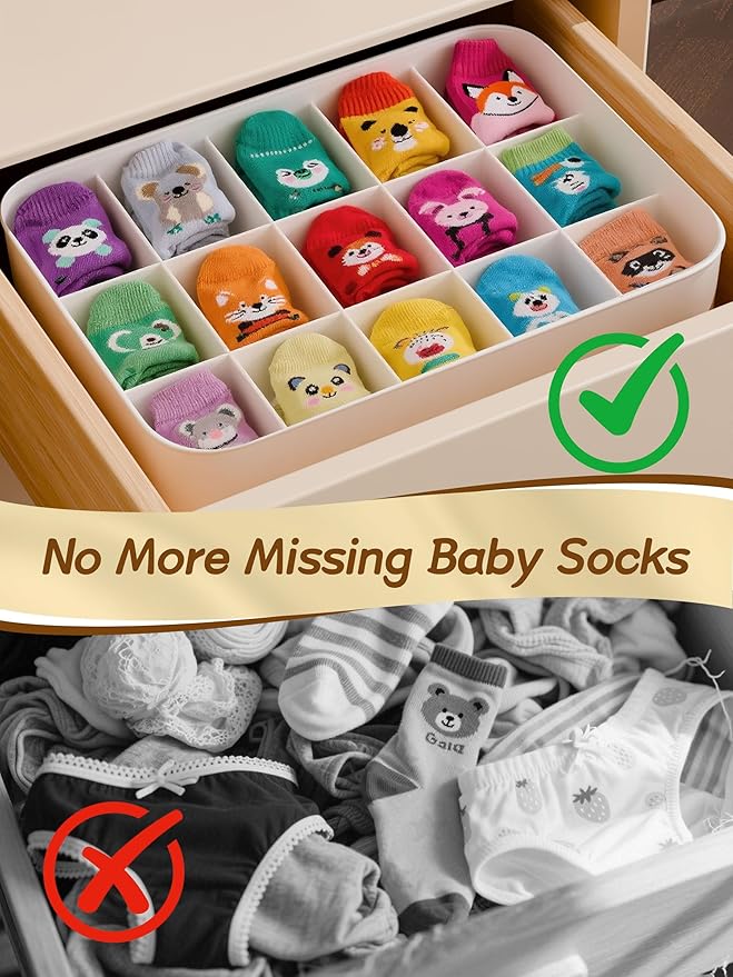 Sock and Underwear Organizer for Drawer with Lid, 15 Grid Plastic Storage Box for Closet and Dresser, Drawer Organizer for Baby Clothes and Nursery, Tie and Necktie Holder, Small Parts Storage Box