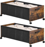 Under Bed Storage with Wheels, Wooden Under Bed Drawers On Wheels, Rolling Under Bed Shoe Storage, Space Saving, Rustic Brown,90L