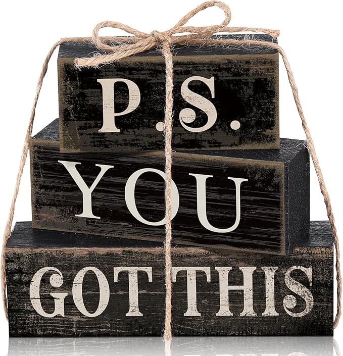 Yuntau 4 Pcs Farmhouse Motivational Office Desk Black Decor P. S. You Got This Wooden Tabletop Inspirational Tiered Tray Decorations Rustic Sign Block Gift for Women Home Kitchen Shelf