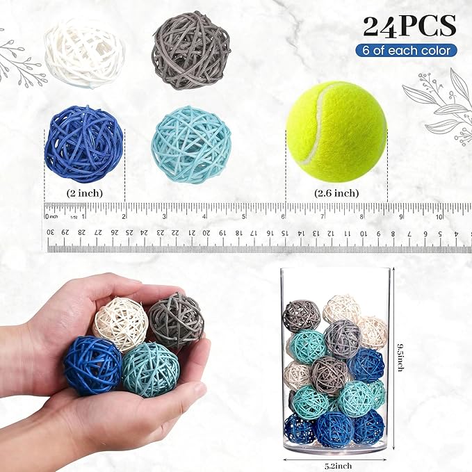 DomeStar 24PCS Blue Decorative Balls for Bowl Centerpiece, 2 Inch Rattan Balls Bowl Fillers Decor - Wicker Twig Orbs Spheres, Wedding Home Vase Table Decor