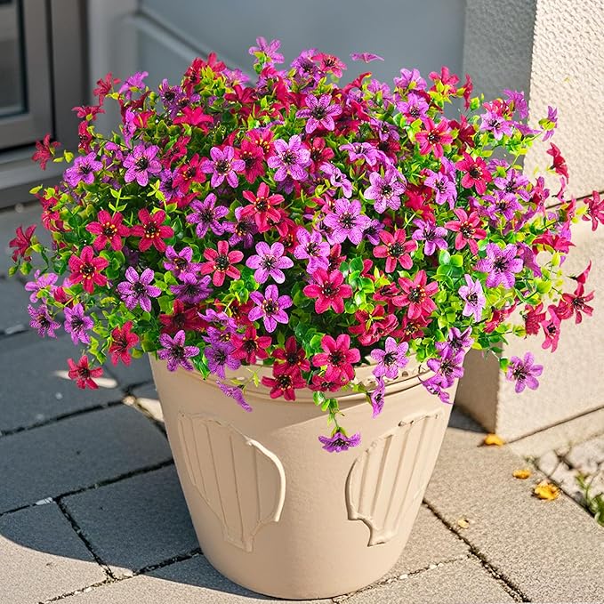Artificial Fake Outdoor Plants Flowers for Spring Decoration, 12 Bundles UV Resistant Faux Daisy Silk Flower with Eucalyptus Stem for Outside Planters Porch Patio Yard Garden (Light Purple Fuchsia)
