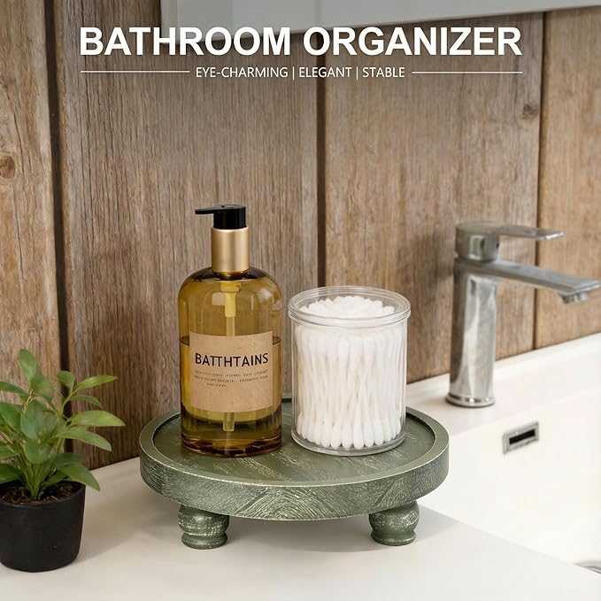 EOSAHR Farmhouse Pine Wood Riser for Home Decor – Round Pedestal Stand for Coffee Table & Kitchen Sink – Stylish Display Stand for Dish Soap Dispenser, Candles, Plants and Cupcakes (Green)