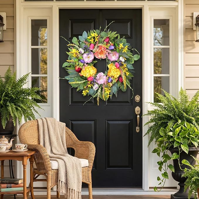 Chrisxiao 24 Inch Spring Summer Wreath for Front Door, Eucalyptus Wreaths with Peony, Tulip & Eucalyptus Leaves,Summer Wreath for Home Farmhouse, Outdoor, Porch, Wall Window Decor All Year Round