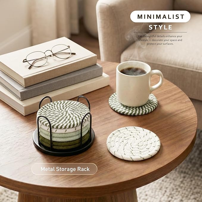 Lazebox Coasters Set of 8 for Drinks, 4 Inch Large Coasters for Coffee Table, Tabletop Protection for Hot & Cold Drinks, Versatile Coasters for Home Decor, Non-Slip & Easy to Clean, Olive Green