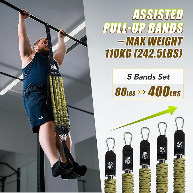 Pull Up Assistance Bands with Foot Support Pedal - Upgraded Heavy Duty Resistance Bands Adjustable Weight/Height with 80Lbs Bands&Measured Strap for Strength Training Home Gym