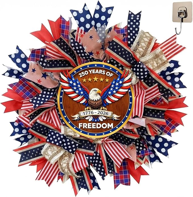 250th Anniversary Patriotic Wreath - 18 Inch Front Door Decor with Wooden Eagle Pattern & Red White Blue Ribbon (Glued on Fabric Base), Handcrafted for 4th of July Independence Day