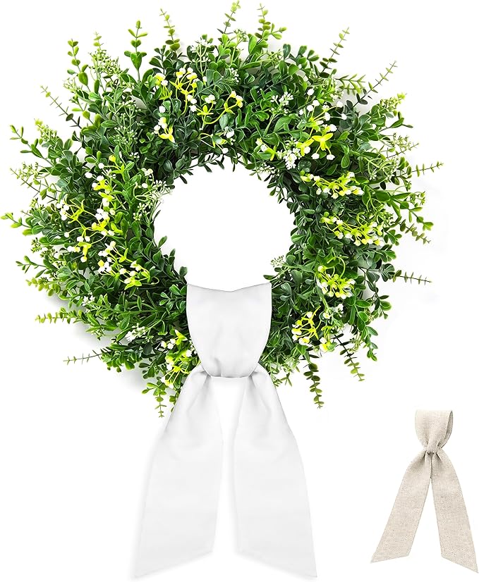 26 Inch Large Artificial Boxwood Wreath for Front Door All Season, Summer Wreaths with 2 Sashes, Baby's Breath, Eucalyptus and Flower Buds, Farmhouse Greenery Decor for Outdoor, Porch, Home