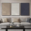Large Framed Neutral Abstract Wall Art for Living Room, 3 Piece Modern Canvas Prints Paintings, Beige and Deep Blue Minimalist Geometric Pictures for Hallway Dining Bedroom Office Wall Decor 24x36 In