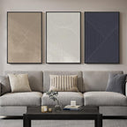 Large Framed Neutral Abstract Wall Art for Living Room, 3 Piece Modern Canvas Prints Paintings, Beige and Deep Blue Minimalist Geometric Pictures for Hallway Dining Bedroom Office Wall Decor 24x36 In