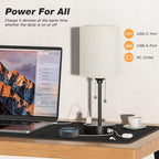 Small Bedside Lamps 3 Color Modes - Off White 3000K 4000K 5000K Bedroom Lamps with USB C and A Ports, Pull Chain Table Lamps with AC Outlet, Nightstand Lamps with Black Metal Base for Kids Reading