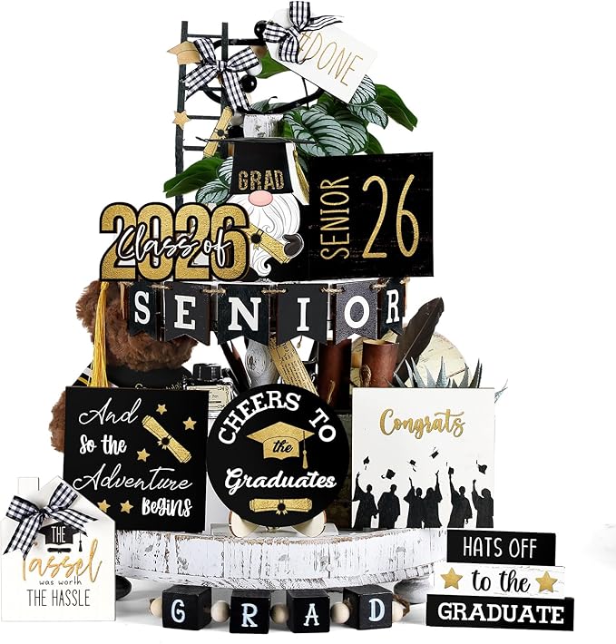 Mifoci 19 Pcs Graduation Tiered Tray Decor Set 2026 Graduation Farmhouse Wooden Sign Tray Decorative for Party Kitchen Table Centerpiece Supplies