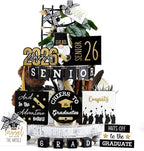 Mifoci 19 Pcs Graduation Tiered Tray Decor Set 2026 Graduation Farmhouse Wooden Sign Tray Decorative for Party Kitchen Table Centerpiece Supplies