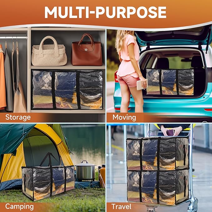 CONGREGATE 8 Pack Extra Large Moving Bags with Zippers and Carrying Handles, Heavy-Duty Storage Tote Moving Boxes for Space Saving, Semi-Transparent 97L/25.6Gal (28.7"x13.7"x15")