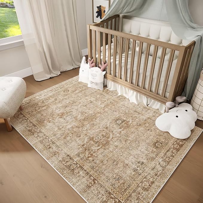 Washable 4x6 Rugs for Living Room, Boho Non-Slip Vintage Distress Small Rugs for Bedroom Nursery Office, 0.3" Neutral Oriental Throw Thin Carpet with Cushioning Pad, Brown/White/Multi