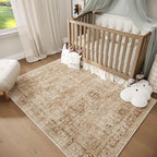 Washable 5x7 Area Rugs for Living Room, Boho Non-Slip Vintage Distress Rugs for Bedroom Dining Room Nursery Office, 0.3" Neutral Oriental Throw Thin Carpet with Cushioning Pad, Brown/White/Multi
