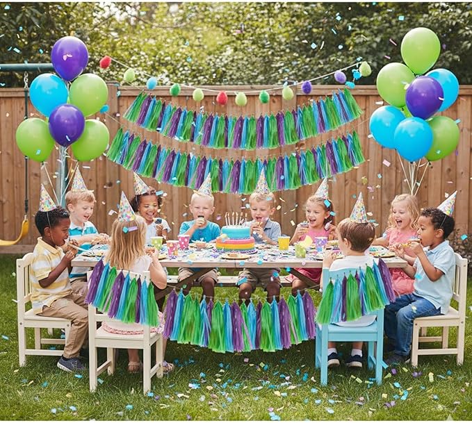 Blue Green and Purple Birthday Decorations,Paper Tissue Tassel Garland Banner for Party Decorations,Pack of 15