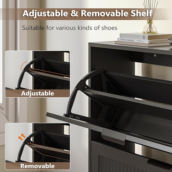 Shoe Cabinet for Entryway with 4 Flip Drawers, Slim Wooden Shoe Storage Organizer with Modern Fluted Pannel，Freestanding Narrow Hidden Shoe Rack for Hallway, Foyer, Living Room