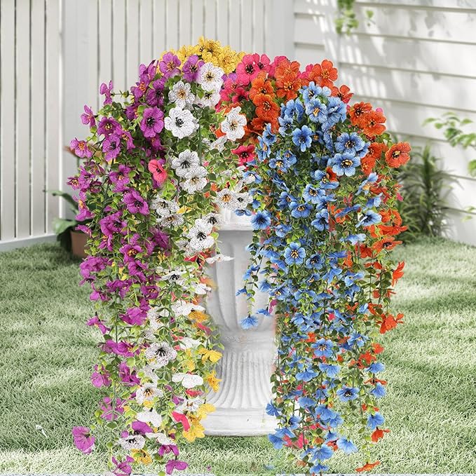 Artificial Hanging Flowers for Outdoors, 6 Pcs Fake Plant for Spring Summer Decoration, UV Resistant Realistic Silk Faux Flowers Outside Indoor Planter Porch Patio Balcony Yard Decor