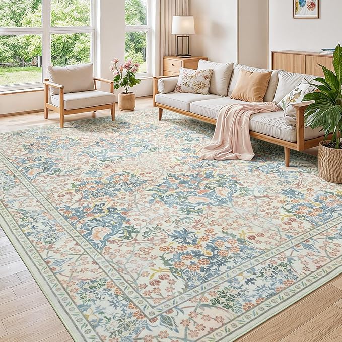 Lessymo Large Area Rugs 9x12 Living Room, Soft Washable Rug for Bedroom Dining Room Nursery Room Farmhouse, Boho Non Slip Low Plie Carpet Vintage Floral Forest Design, Beige Brown