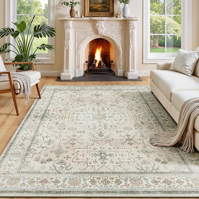 Lessymo Rugs for Bedroom, Washable 5x7 Area Rug for Living Room Dinning Nursery Farmhouse Office, Boho Soft Non-Slip Carpet Kids & Pets Friendly, Vintage Floral Neutral Decor, Beige Brown