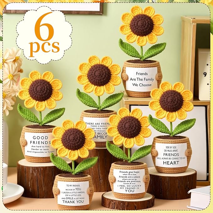 Wavwavw 6 Pcs Friends Gifts for Women, Galentines Graduation Handmade Sunflower Crochet Doll with Positive Card for Female Birthday BFF Bestie Gifts (Friends)