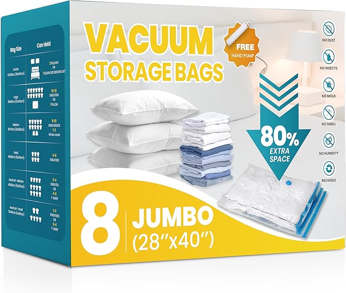 YSSOA Vacuum Storage Bags, 8pack-Jumbo Space Saver Vacuum Storage Bags, Vacuum Seal Bags for Clothing, Clothes, Comforters and Blankets Transparent