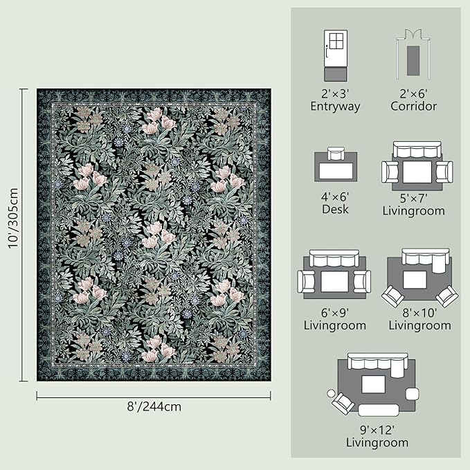 Washable Area Rugs 8x10 Black Green Vintage Floral Botanical Pattern,Perfect for Living Room, Bedroom, Kids Room, Nursery - Stain & Water Resistant Non-Slip, Pet & Child Friendly/Bedroom Decor