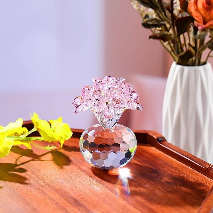 Qianwei Pink Crystal Flowers Figurine - Forget Me Not Gifts Sympathy Glass Flowers Collectible Figurines Decor Paperweight Ornament Home Office Table Desk Decorations