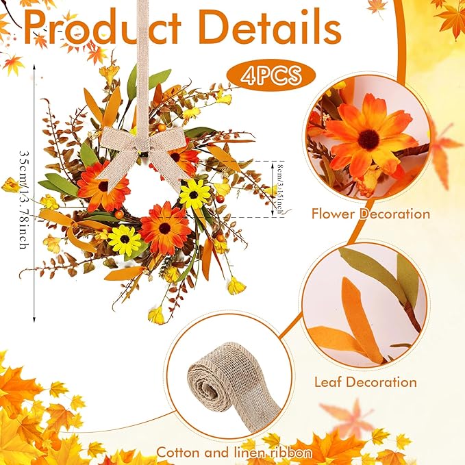 4 Pcs Mini Fall Autumn Swags Wreaths Thanksgiving Artificial Daisy Candle Rings Wreaths Autumn Cabinets Farmhouse Wreath with Ribbon for Pillar Front Door Porch Wall Window Decoration