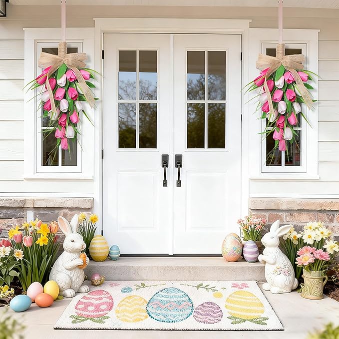 Spring Swags Ideal for Front Door Artifical Tulips Teardrop Swag with Burlap Bow Hanging Decorative Easter Wreath Ideal for Porch Wall Mother's Day 8.7x15.8 inch