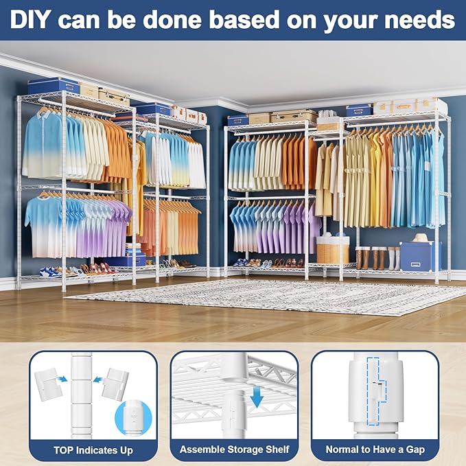 Ulif E12 Max Clothes Rack，Heavy Duty Freestanding Garment Rack with Shelves，Metal Clothing Closet Storage System for Hanging Clothes，83" W x 16" D x 76.5" H, Hold 1060 lbs，White