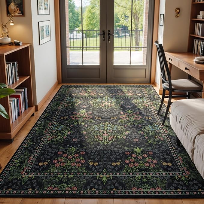 Lessymo Washable Dining Room Rugs, Floral 6x9 Area Rug for Living Room, Bedroom, Playroom, Farmhouse, Non Slip Forest Stain Resistance Large Throw Carpet, Black Green