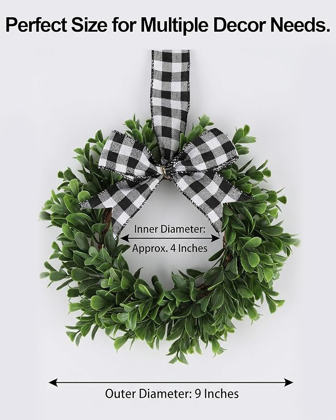 6 Pcs 9" Mini Eucalyptus Wreaths for Kitchen Cabinets, Small Farmhouse Greenery Wreath with Buffalo Check Bow, Realistic Boxwood Leaf Window Indoor Outdoor Decor, UV Protected